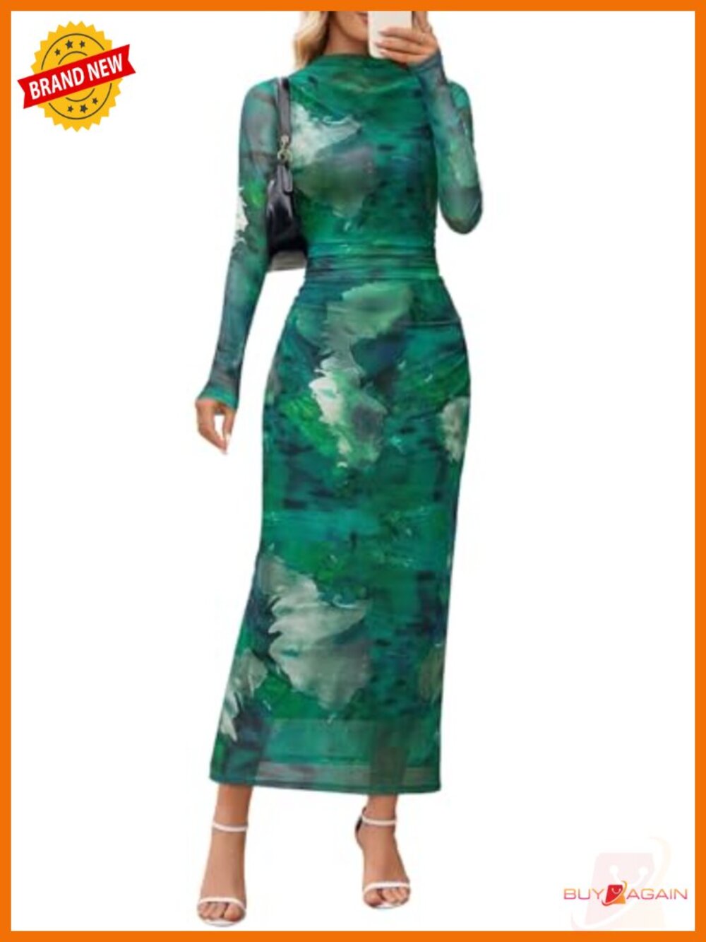 Women's Long Sleeve Mock Neck Ruched Mesh Bodycon Maxi Dress